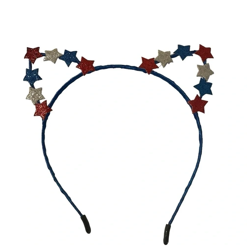 4th of July Patriotic Red & Blue Glitter Stars Cat Ears Headband 3pc